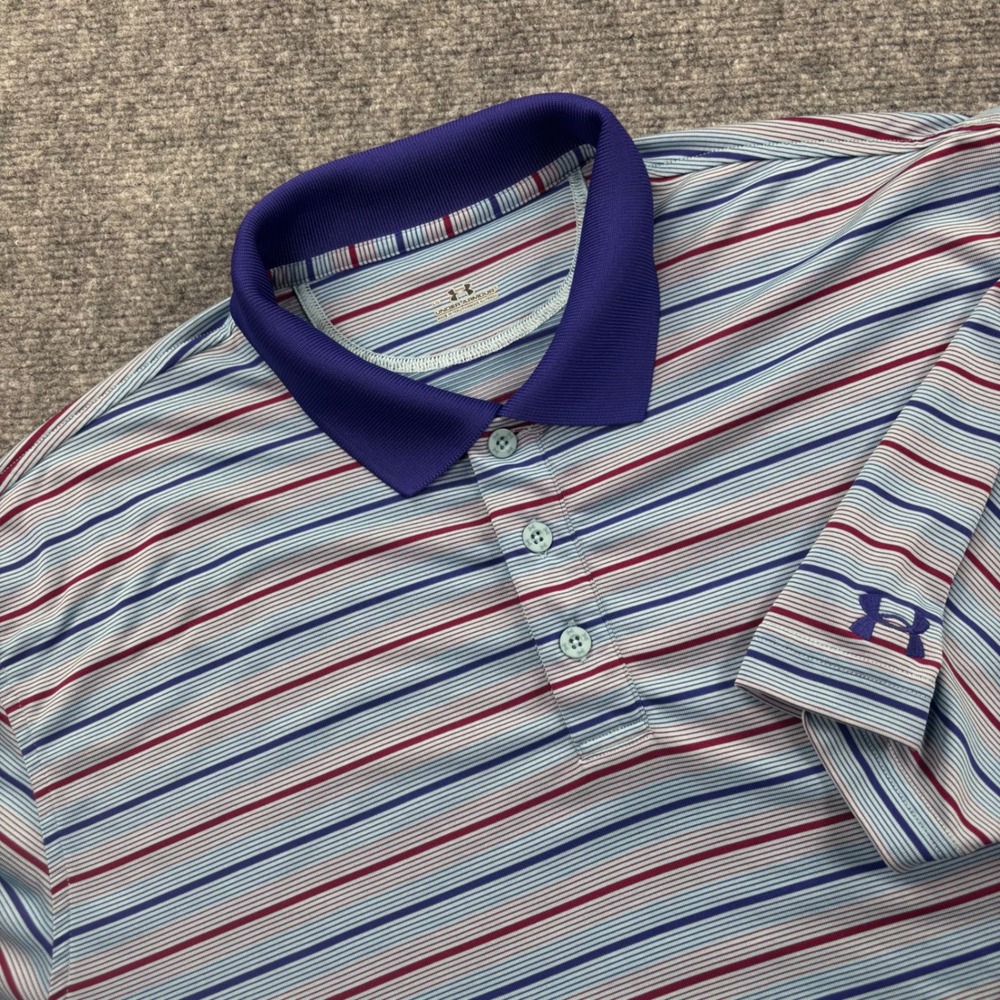 Under Armour Polo Shirt‎ Large Blue Striped Short Sleeve Golf Top Men's